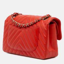 Pre Owned Chanel Classic Double Flap Small Orange Chevron Lambskin Shoulder Bag