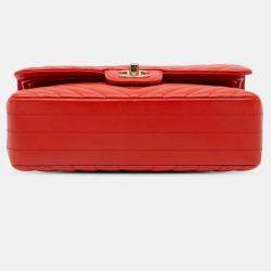 Pre Owned Chanel Classic Double Flap Small Orange Chevron Lambskin Shoulder Bag