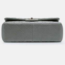 Pre Owned Chanel Classic Double Flap Jumbo Silver Lambskin Shoulder Bag