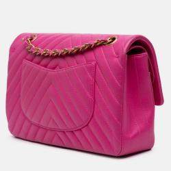Pre Owned Chanel Classic Double Flap Medium Pink Chevron Lambskin Shoulder Bag