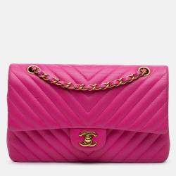Pre Owned Chanel Classic Double Flap Medium Pink Chevron Lambskin Shoulder Bag