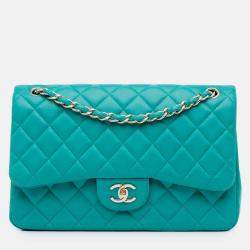 Pre Owned Chanel Classic Double Flap Jumbo Blue Lambskin Shoulder Bag