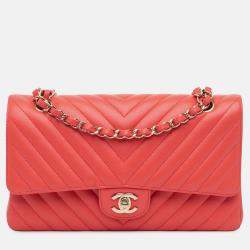 Pre Owned Chanel Classic Double Flap Medium Red Chevron Lambskin Shoulder Bag