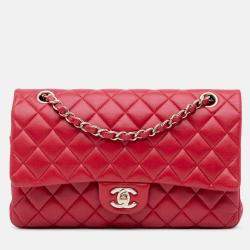 Pre Owned Chanel Classic Double Flap Medium Red Lambskin Shoulder Bag