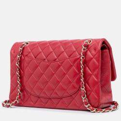 Pre Owned Chanel Classic Double Flap Medium Red Lambskin Shoulder Bag