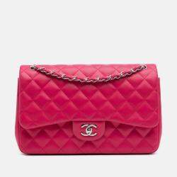 Pre Owned Chanel Classic Double Flap Jumbo Pink Lambskin Shoulder Bag