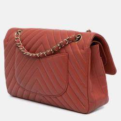 Pre Owned Chanel Classic Double Flap Medium Orange Chevron Lambskin Shoulder Bag
