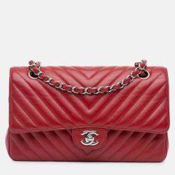 Pre Owned Chanel Classic Double Flap Medium Red Chevron Caviar Shoulder Bag