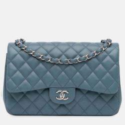 Pre Owned Chanel Classic Double Flap Jumbo Blue Lambskin Shoulder Bag