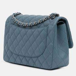 Pre Owned Chanel Classic Double Flap Jumbo Blue Lambskin Shoulder Bag