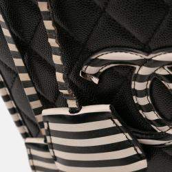 Pre Owned Chanel Black White Small Caviar Striped CC Filigree Vanity Case