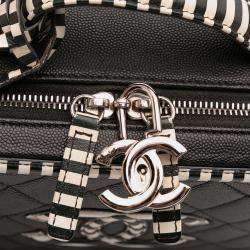 Pre Owned Chanel Black White Small Caviar Striped CC Filigree Vanity Case