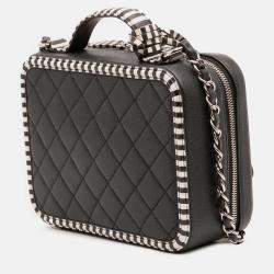 Pre Owned Chanel Black White Small Caviar Striped CC Filigree Vanity Case