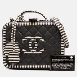 Pre Owned Chanel Black White Small Caviar Striped CC Filigree Vanity Case