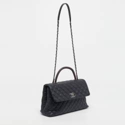 Pre Owned Chanel Navy Blue Caviar Leather and Lizard Medium Coco Top Handle Bag