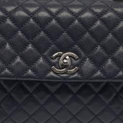 Pre Owned Chanel Navy Blue Caviar Leather and Lizard Medium Coco Top Handle Bag