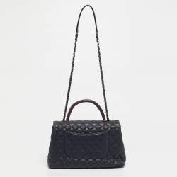 Pre Owned Chanel Navy Blue Caviar Leather and Lizard Medium Coco Top Handle Bag