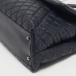 Pre Owned Chanel Navy Blue Caviar Leather and Lizard Medium Coco Top Handle Bag