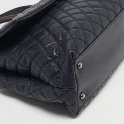 Pre Owned Chanel Navy Blue Caviar Leather and Lizard Medium Coco Top Handle Bag