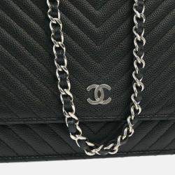 Pre Owned Chanel Chevron Black Caviar Leather Wallet on Chain