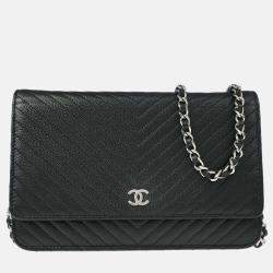 Pre Owned Chanel Chevron Black Caviar Leather Wallet on Chain