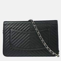 Pre Owned Chanel Chevron Black Caviar Leather Wallet on Chain