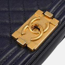 Pre Owned Chanel Boy Small Navy Leather Calfskin Chain Shoulder Bag
