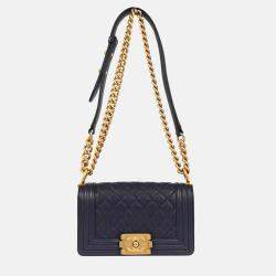 Pre Owned Chanel Boy Small Navy Leather Calfskin Chain Shoulder Bag