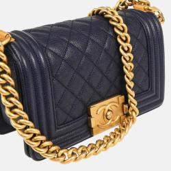 Pre Owned Chanel Boy Small Navy Leather Calfskin Chain Shoulder Bag