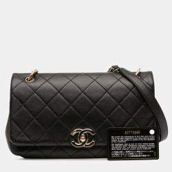 Pre Owned Chanel Black Large Lambskin Twist Chain Enamel CC Flap