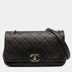 Pre Owned Chanel Black Large Lambskin Twist Chain Enamel CC Flap