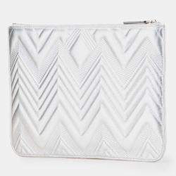 Pre Owned Chanel Silver Medium Metallic Chevron Calfskin O Case Clutch