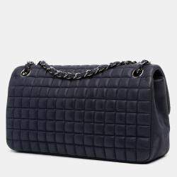 Pre Owned Chanel Navy Blue Chocolate Bar Iridescent Calfskin Bubble Flap
