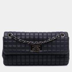 Pre Owned Chanel Navy Blue Chocolate Bar Iridescent Calfskin Bubble Flap