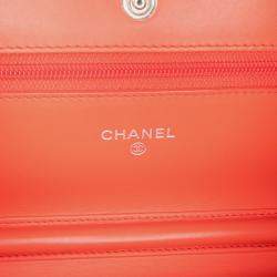 Pre Owned Chanel Orange Red Patent Striped Wallet On Chain