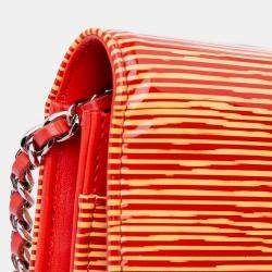 Pre Owned Chanel Orange Red Patent Striped Wallet On Chain