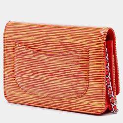 Pre Owned Chanel Orange Red Patent Striped Wallet On Chain
