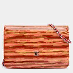 Pre Owned Chanel Orange Red Patent Striped Wallet On Chain