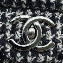Pre Owned Chanel Black White Medium Quilted Jersey and Tweed Chain Flap