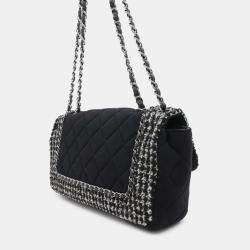 Pre Owned Chanel Black White Medium Quilted Jersey and Tweed Chain Flap