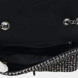 Pre Owned Chanel Black White Medium Quilted Jersey and Tweed Chain Flap