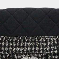 Pre Owned Chanel Black White Medium Quilted Jersey and Tweed Chain Flap