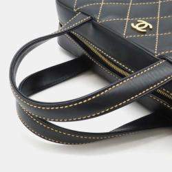 Pre Owned Chanel Wild Stitch Coco Mark Black Leather Handbag