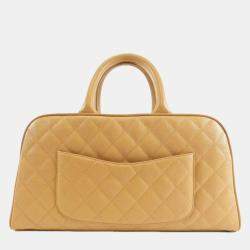 Pre Owned Chanel CC Beige Grained Leather Boston Bag