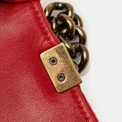 Pre Owned Chanel Boy Medium Red/Green Velour Leather Shoulder Bag