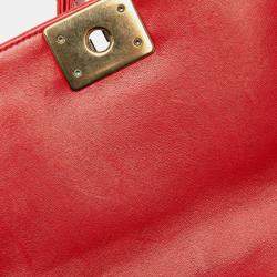 Pre Owned Chanel Boy Medium Red/Green Velour Leather Shoulder Bag