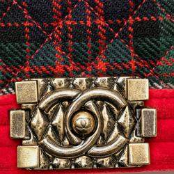 Pre Owned Chanel Boy Medium Red/Green Velour Leather Shoulder Bag