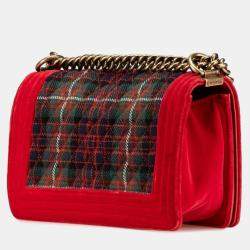 Pre Owned Chanel Boy Medium Red/Green Velour Leather Shoulder Bag