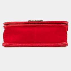 Pre Owned Chanel Boy Medium Red/Green Velour Leather Shoulder Bag