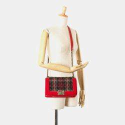 Pre Owned Chanel Boy Medium Red/Green Velour Leather Shoulder Bag